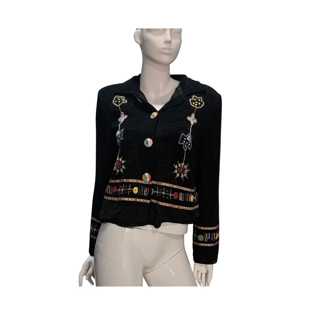 Allure Boutique Black Embellished chenille‎ Blazer Jacket whimsy boho Medium